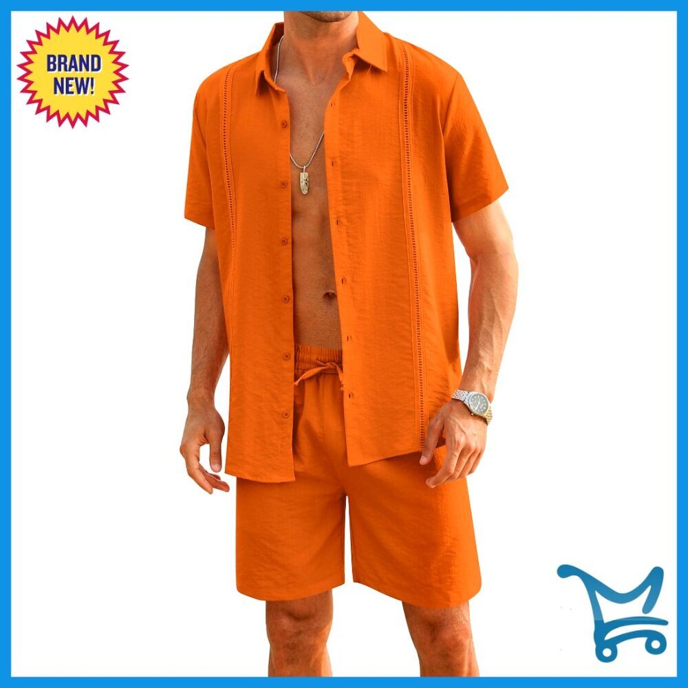 Men's Linen 2-Piece Set Button Down Shirt Drawstring Shorts Beach Vacation